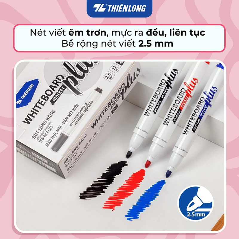 Bút viết bảng Thiên Long WB-03 Plus - Whiteboard Marker màu mực mới đậm nét hơn, dễ xóa sạch và an toàn cho da tay