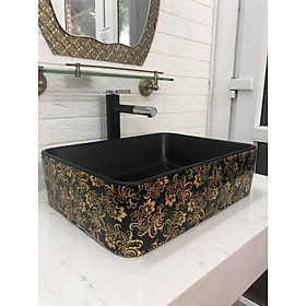 CHẬU LAVABO MEN ĐEN HOA VĂN VÀNG NHẬP KHẨU CAO CẤP CHÍNH HÃNG GRVL 8146B (CHẬU)