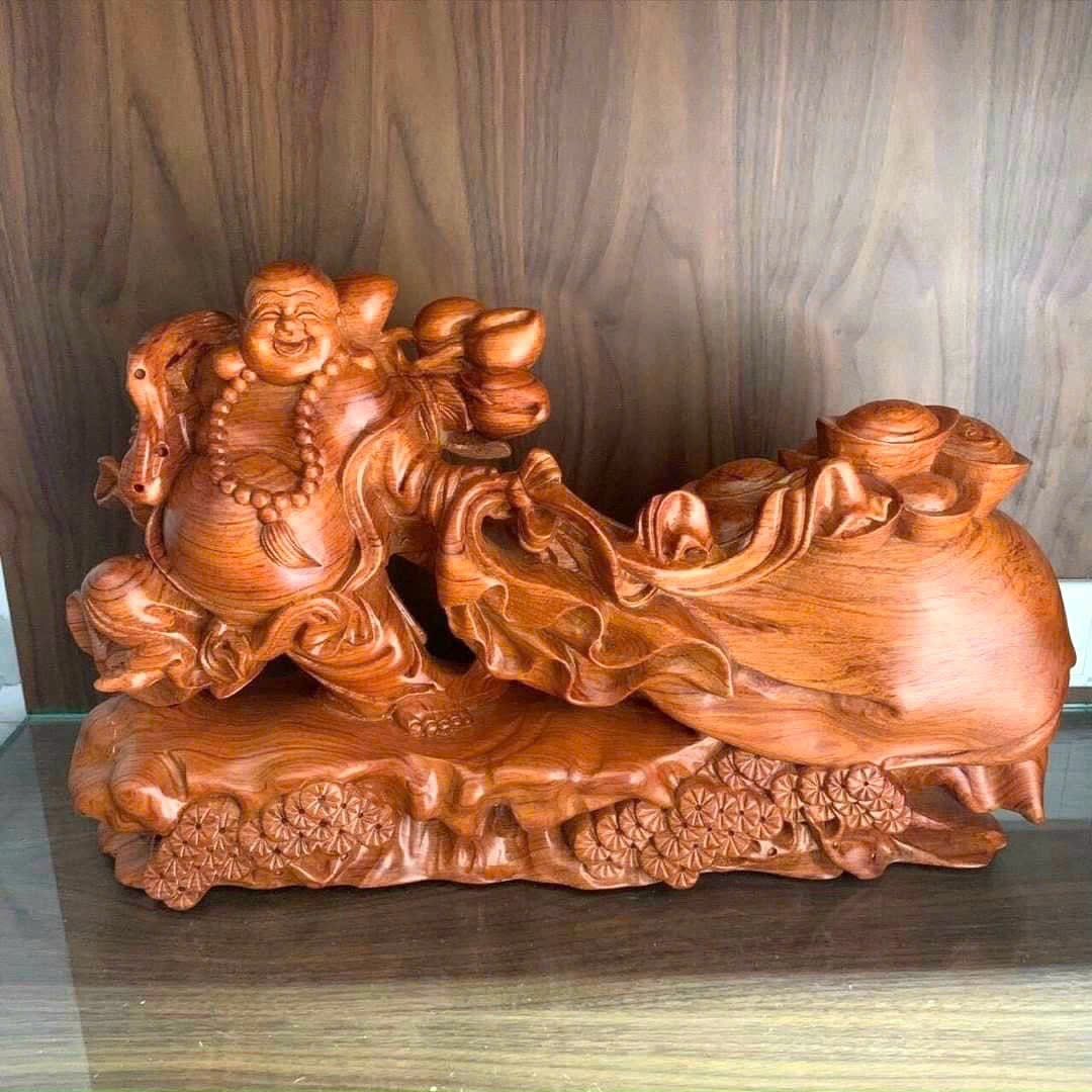 Tượng phật di lặc kéo bao vàng bằng gỗ hương đá kt 30×11×9cm