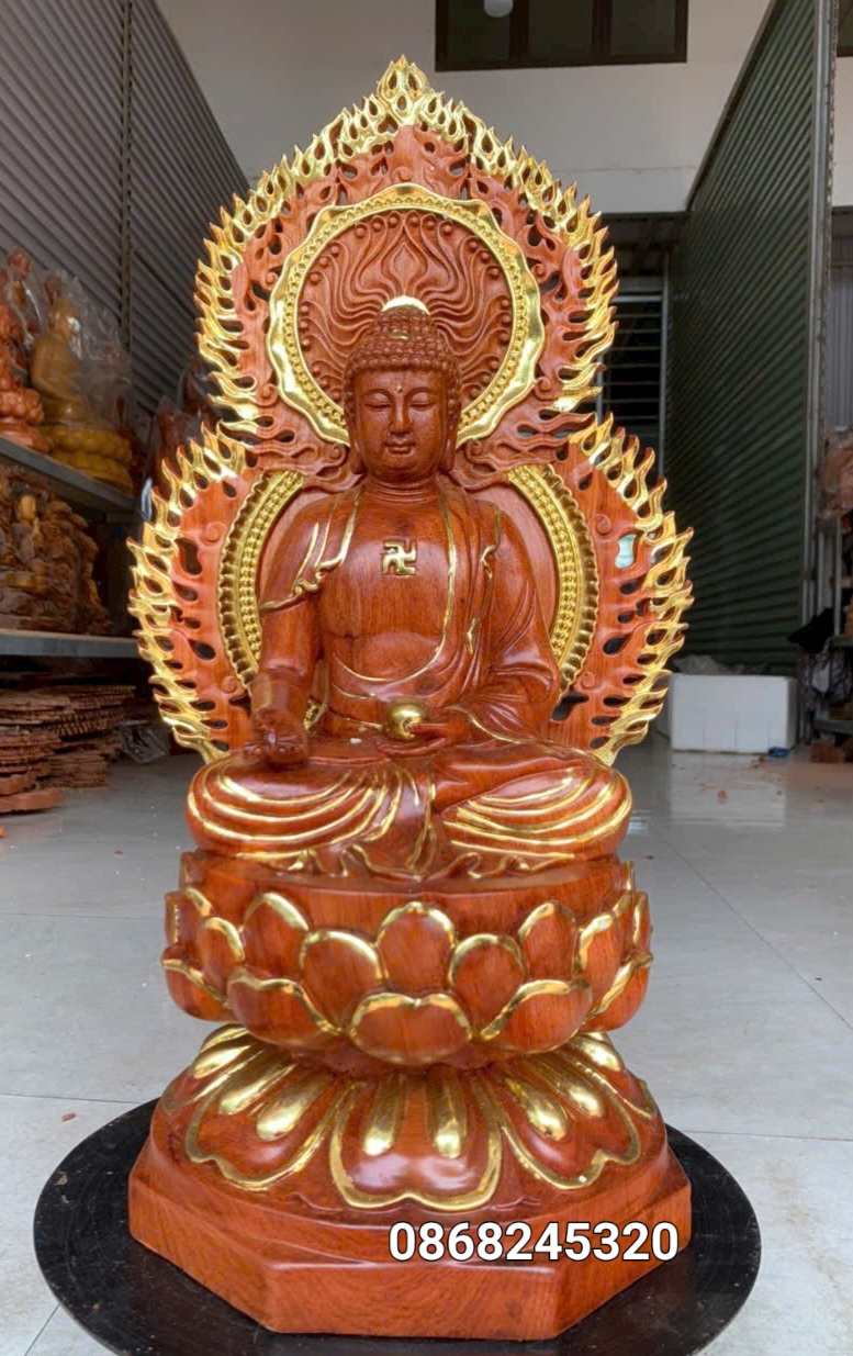 Bộ tượng thất phật được sư bằng gỗ hương đá kt cao 40×20cm +lá chắn hào quang cao tổng 54cm