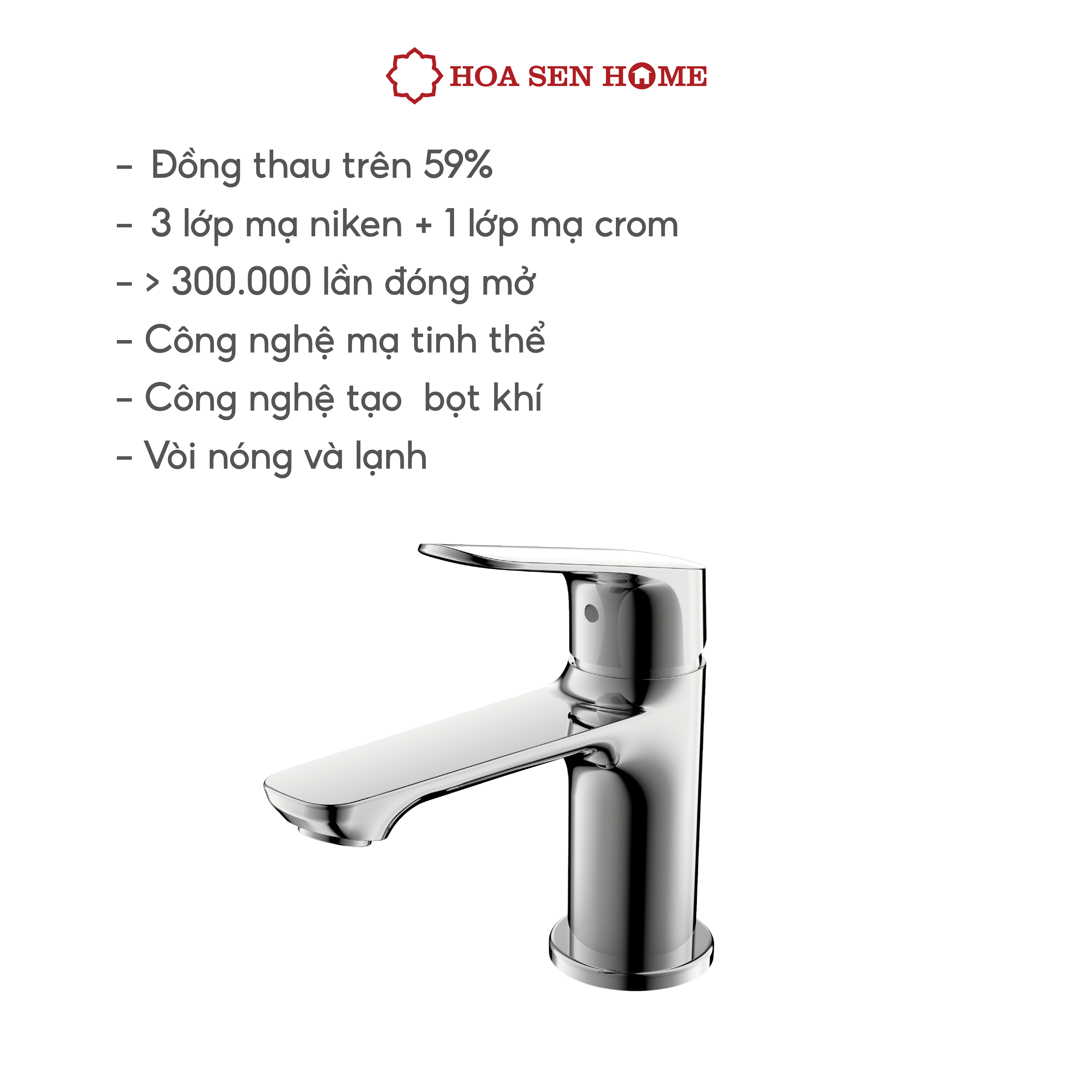 Vòi lavabo nóng lạnh TUSLO F002 Luxury chất liệu đồng nguyên chất, mạ Crom-Niken, công nghệ tạo bọt khí hiện đại - Hoa Sen Home - Hàng chính hãng