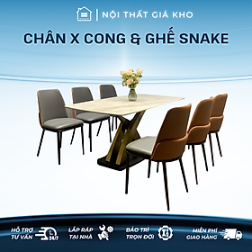 Bàn ăn mặt đá ceramic bóng chân x cong mạ vàng kết hợp ghế snake