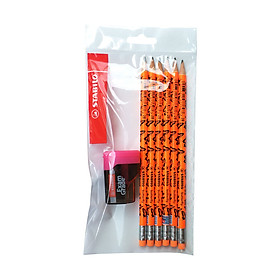 Combo Bút chì gỗ STABILO butterfly 4920 có đầu tẩy - Bộ 6 bút thân màu cam có đầu gôm + Chuốt chì PS4538 (PC4920R-C6S)