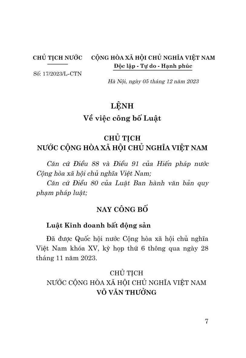 Luật Kinh doanh bất động sản năm 2023 ( Sửa đổi, bổ sung năm 2024) - Bản in năm 2024