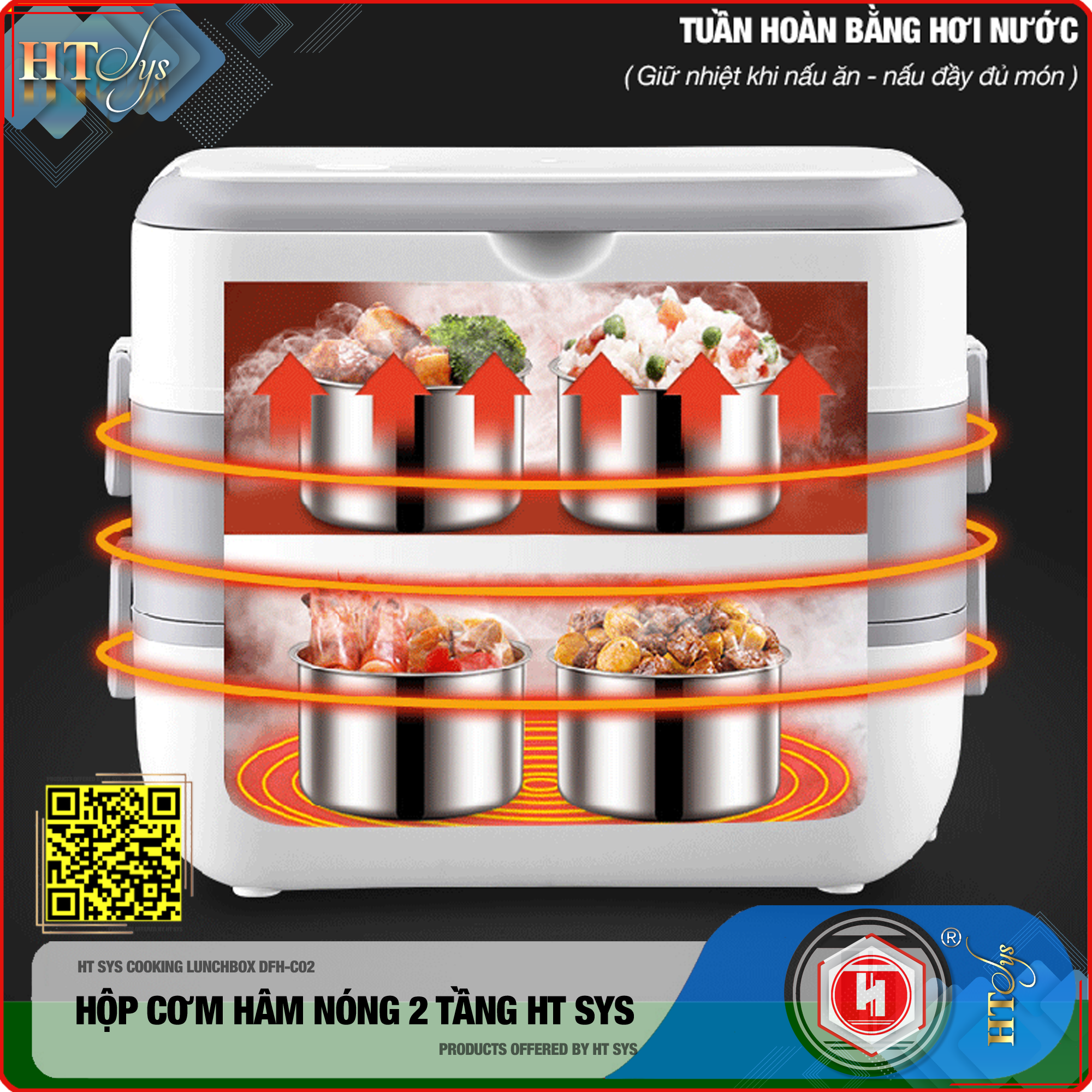 Hộp Cơm Hâm Nóng Cắm Điện HT SYS - COOKING LUNCHBOX DFH C02 - Hộp Cơm Cắm Điện Có Thể Nấu Chín Và Hâm Nóng Thức Ăn - 2 lít,4 Ngăn - Ruột Bằng Inox SUS304 Cao Cấp - Hàng Nhập Khẩu