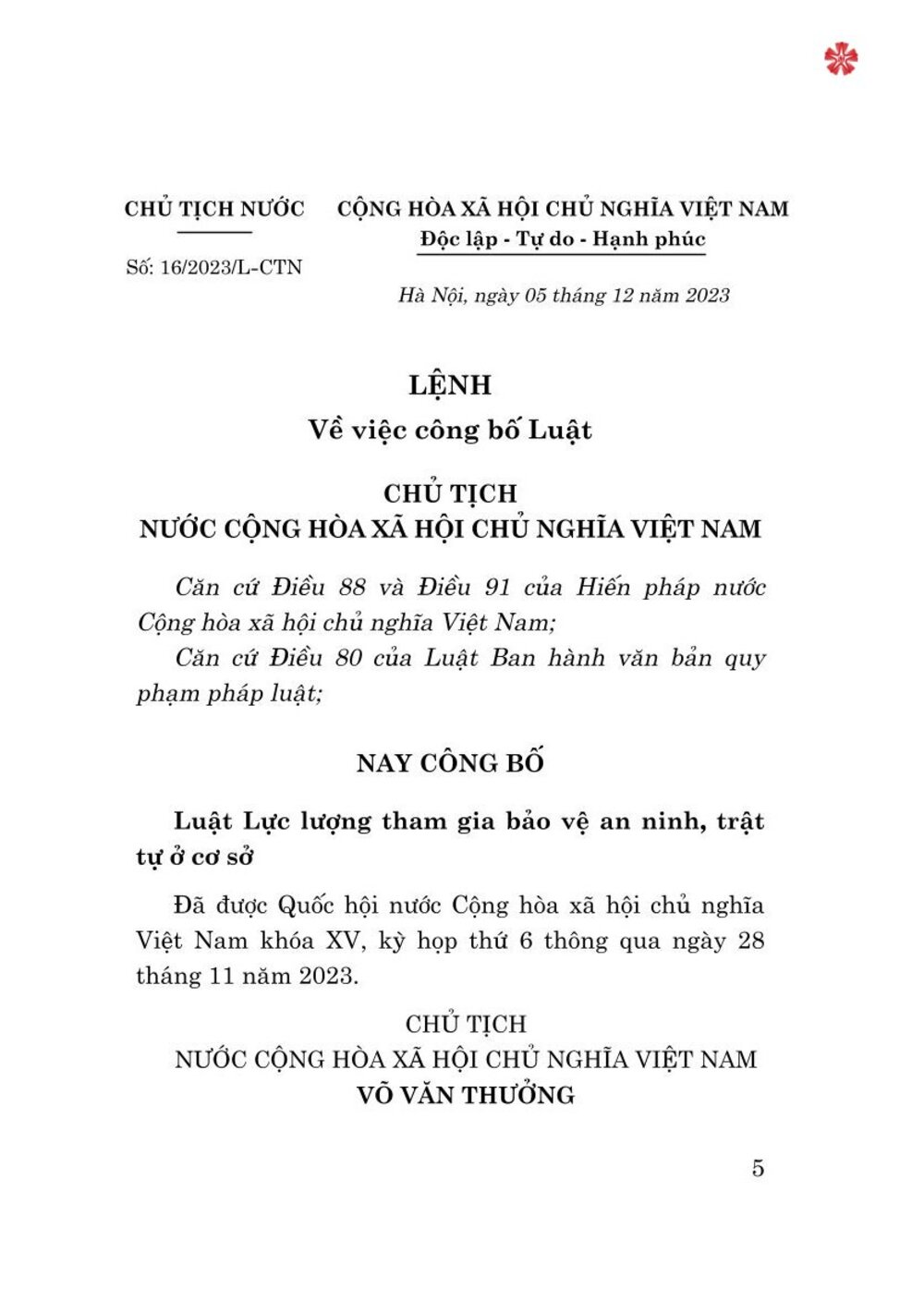Luật lực lượng tham gia bảo vệ an ninh, trật tự ở cơ sở (bản in 2024)