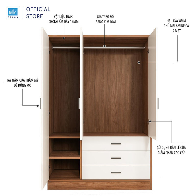 Tủ Quần Áo Hiện Đại Màu Trắng Phối Walnut Thương Hiệu SIB Decor TA10