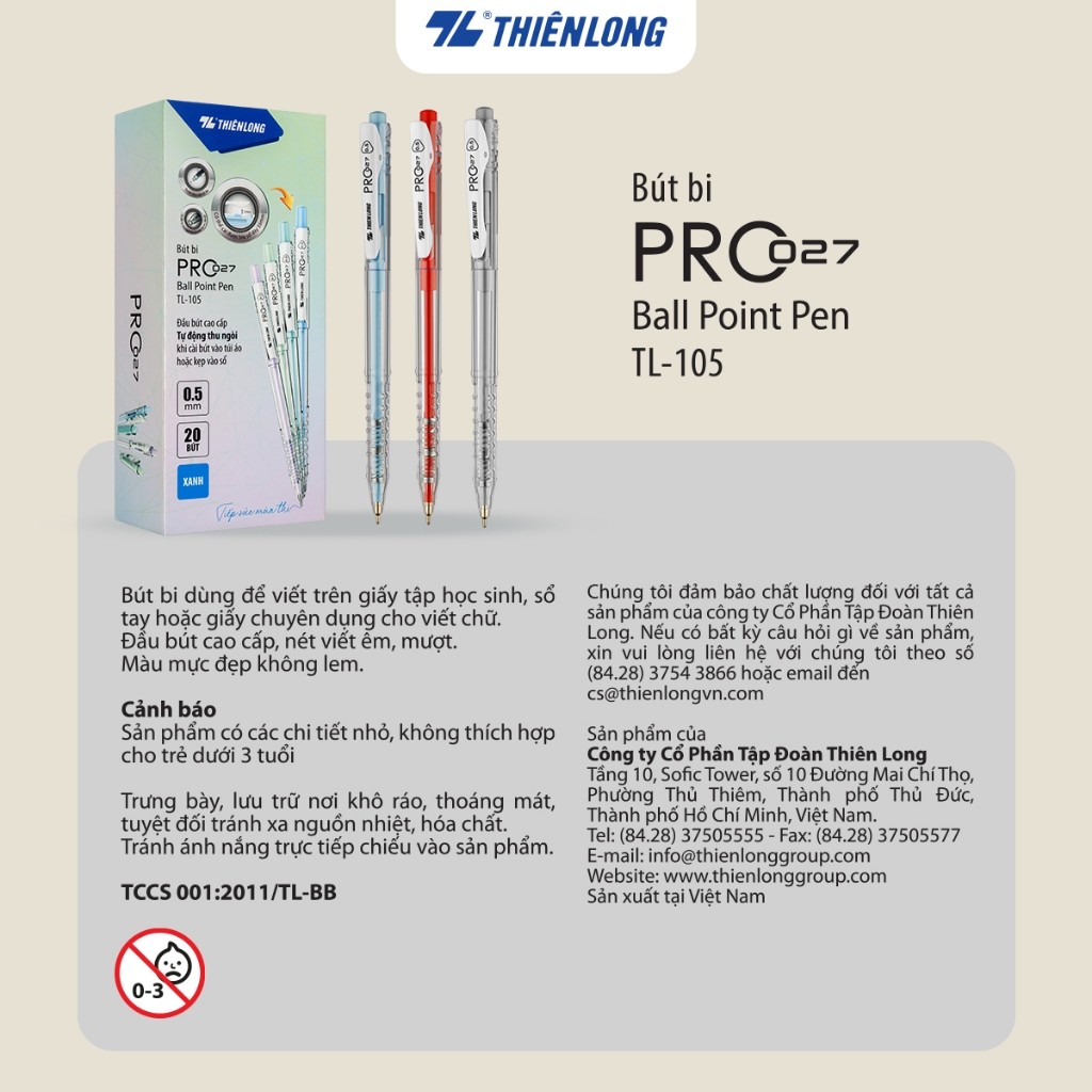 Combo 5/10/20 Bút bi Thiên Long PRO 027 ngòi cao cấp 0.5mm, thân bút màu pastel thời trang tự động thu ngòi TL-105