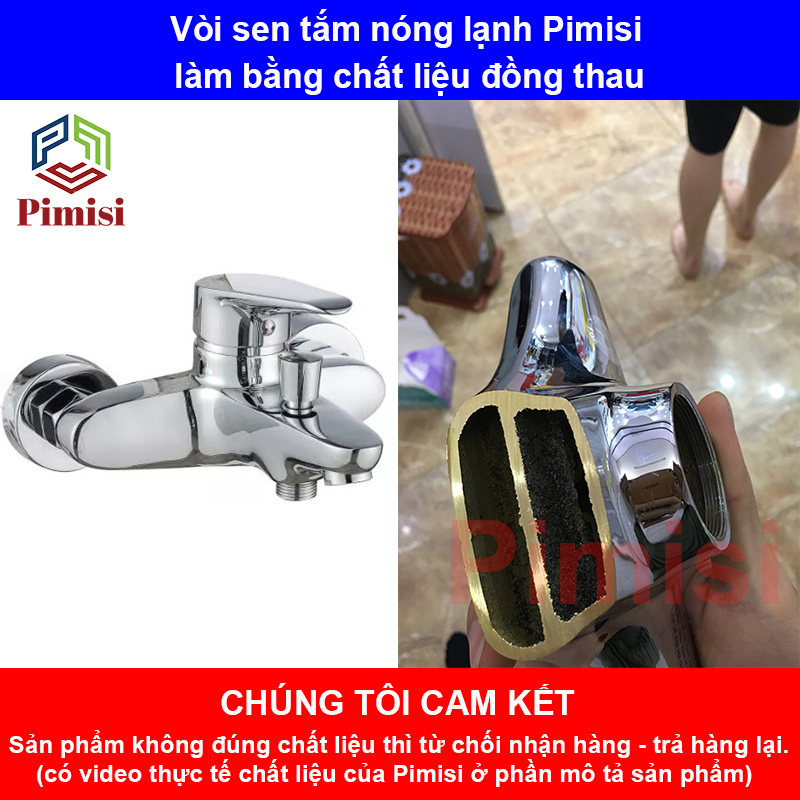 Sen Tắm Nóng Lạnh Pimisi PS-203C Đồng Thau Mạ Crom - Niken Sáng Bóng, Đủ Phụ Kiện Vòi Hoa Sen Tăng Áp Nhẹ - Dây Sen Tắm Inox - Chân Chữ Z - Cài Tay Bát Sen, Điều Chỉnh Nước Bằng Củ Gật Gù Gắn Tường Nhà Tắm | Hàng Chính Hãng