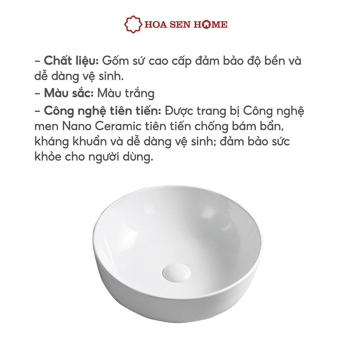 Lavabo đặt bàn TUSLO L006 chất liệu gốm sứ tráng men, lớp phủ Ceramic công nghệ men Nano kháng khuẩn - Hoa Sen Home - Hàng chính hãng
