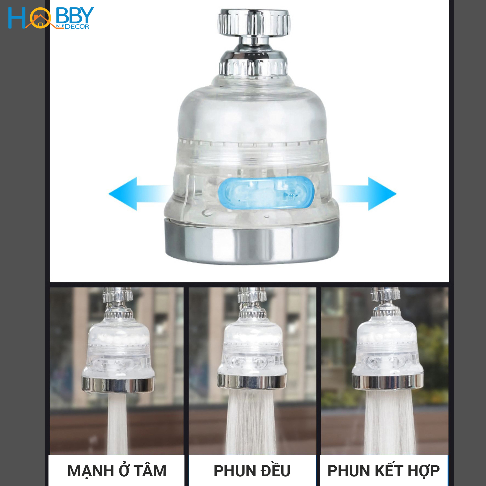 Đầu vòi tăng áp 3 chế độ có đầu lọc cặn HOBBY Home Decor VSTA3