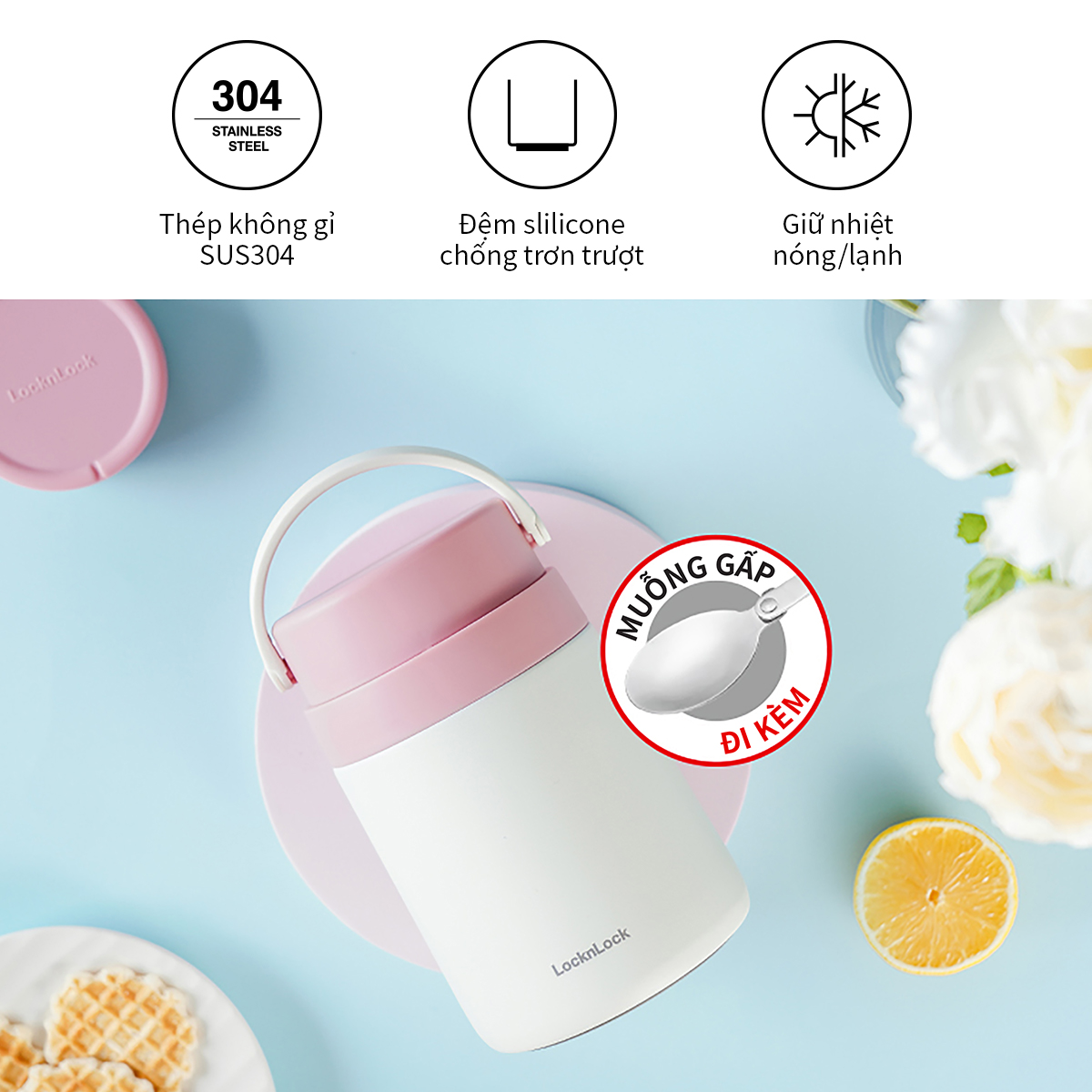 Hộp cơm giữ nhiệt Lock&Lock màu xanh navy LHC8042NVY 700ml - Hàng chính hãng, 2 ngăn kèm muỗng inox, có thể ủ cháo cho bé - JoyMall