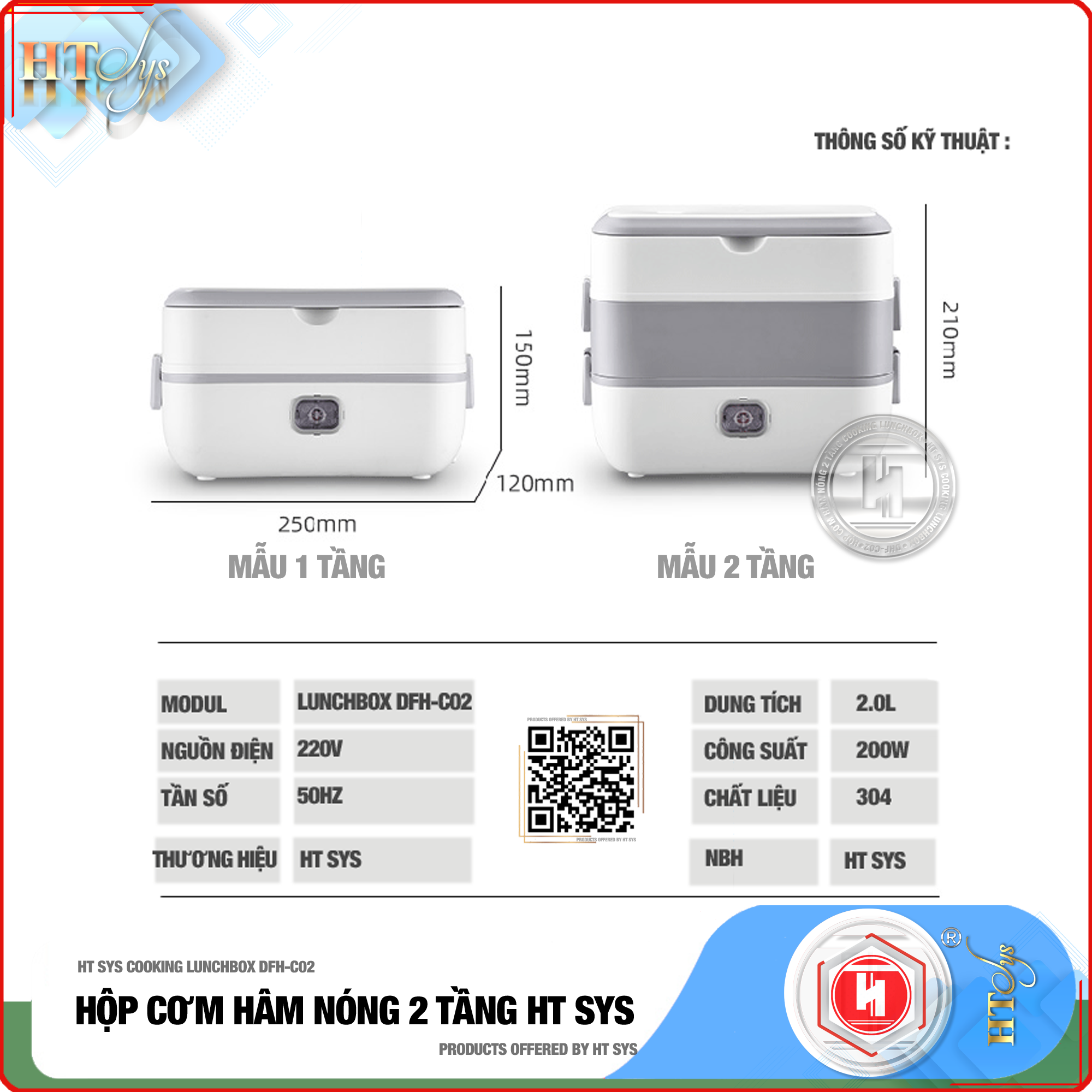 Hộp Cơm Hâm Nóng Cắm Điện HT SYS - COOKING LUNCHBOX DFH C02 - Hộp Cơm Cắm Điện Có Thể Nấu Chín Và Hâm Nóng Thức Ăn - 2 lít,4 Ngăn - Ruột Bằng Inox SUS304 Cao Cấp - Hàng Nhập Khẩu