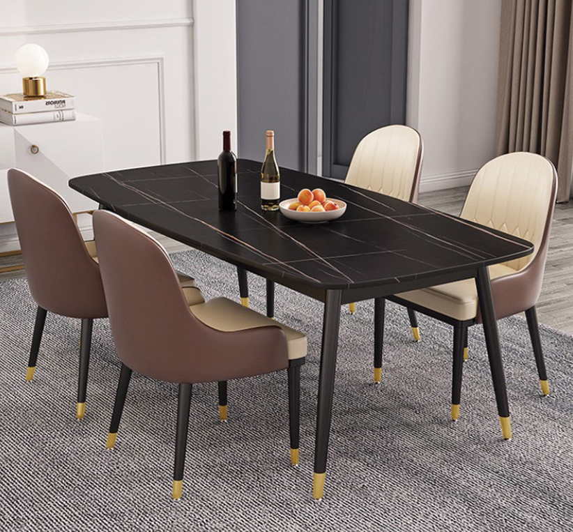 Bàn ăn cao cấp Juno Sofa mặt đá ceramic chân côn núm bọc đồng