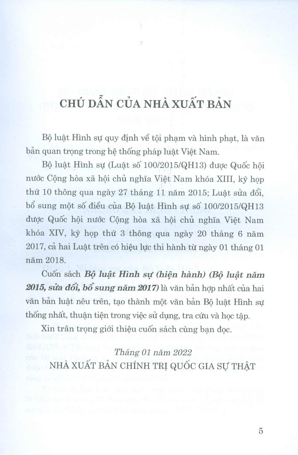Bộ Luật Hình Sự (Hiện Hành) (Bộ Luật Năm 2015, Sửa Đổi, Bổ Sung Năm 2017) - Tái bản năm 2022