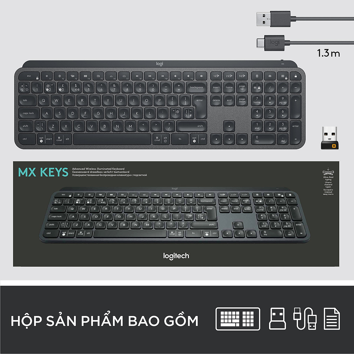 Bàn phím không dây Bluetooth Logitech MX Keys - đa thiết bị, sạc nhanh, Mac/ PC -Hàng chính hãng