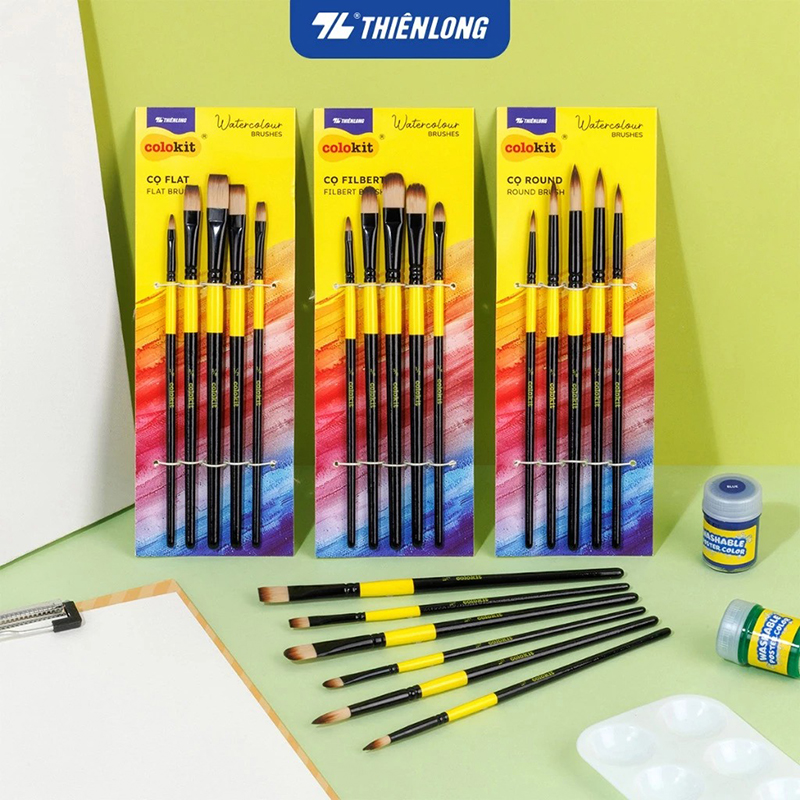 Bộ 5 Cọ vẽ màu nước Thiên Long đầu Round/ Flat/ Filbert - Cọ lông mềm cho cảm giác tô, vẽ êm mượt