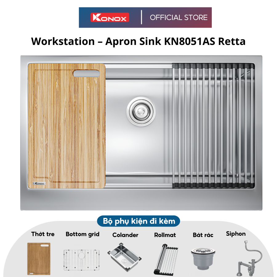 Chậu rửa bát inox 1 hố KONOX Workstation Sink – Apron Sink KN8051AS Retta