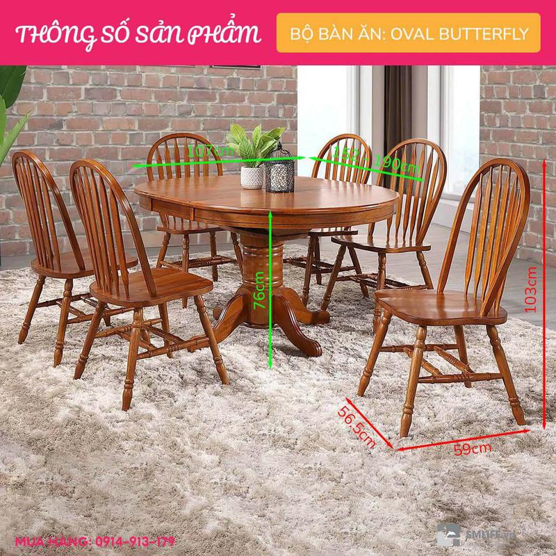 Bộ bàn ăn thông minh kéo dài hình Oval 6 ghế gỗ sồi tân cổ điển SMLIFE Butterfly | D152 x R107 x C76cm | tăng giảm độ dài bàn