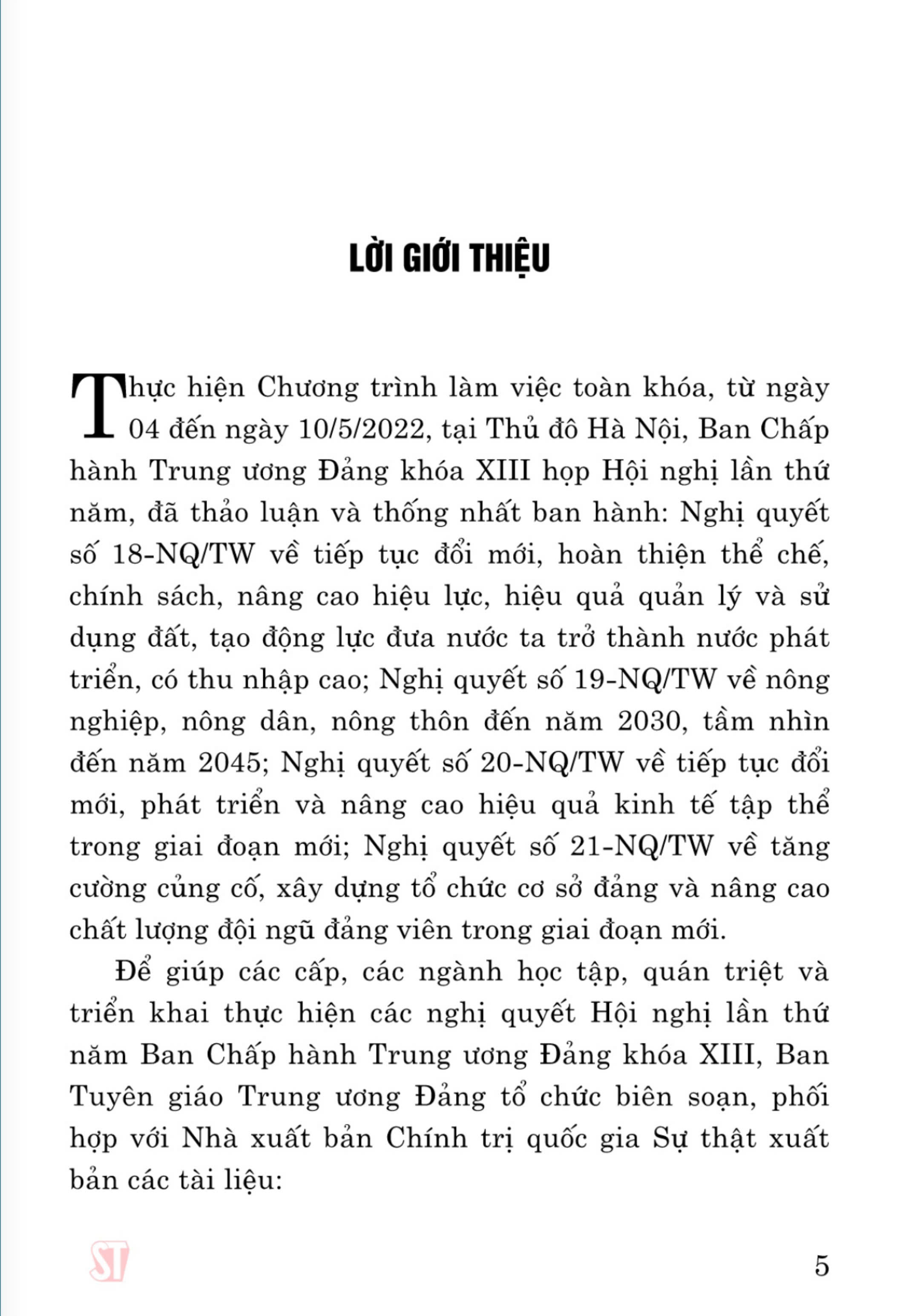 Tài liệu nghiên cứu các văn kiện Hội nghị lần thứ năm Ban Chấp hành Trung ương Đảng khoá XIII (Dùng cho cán bộ chủ chốt và báo cáo viên)