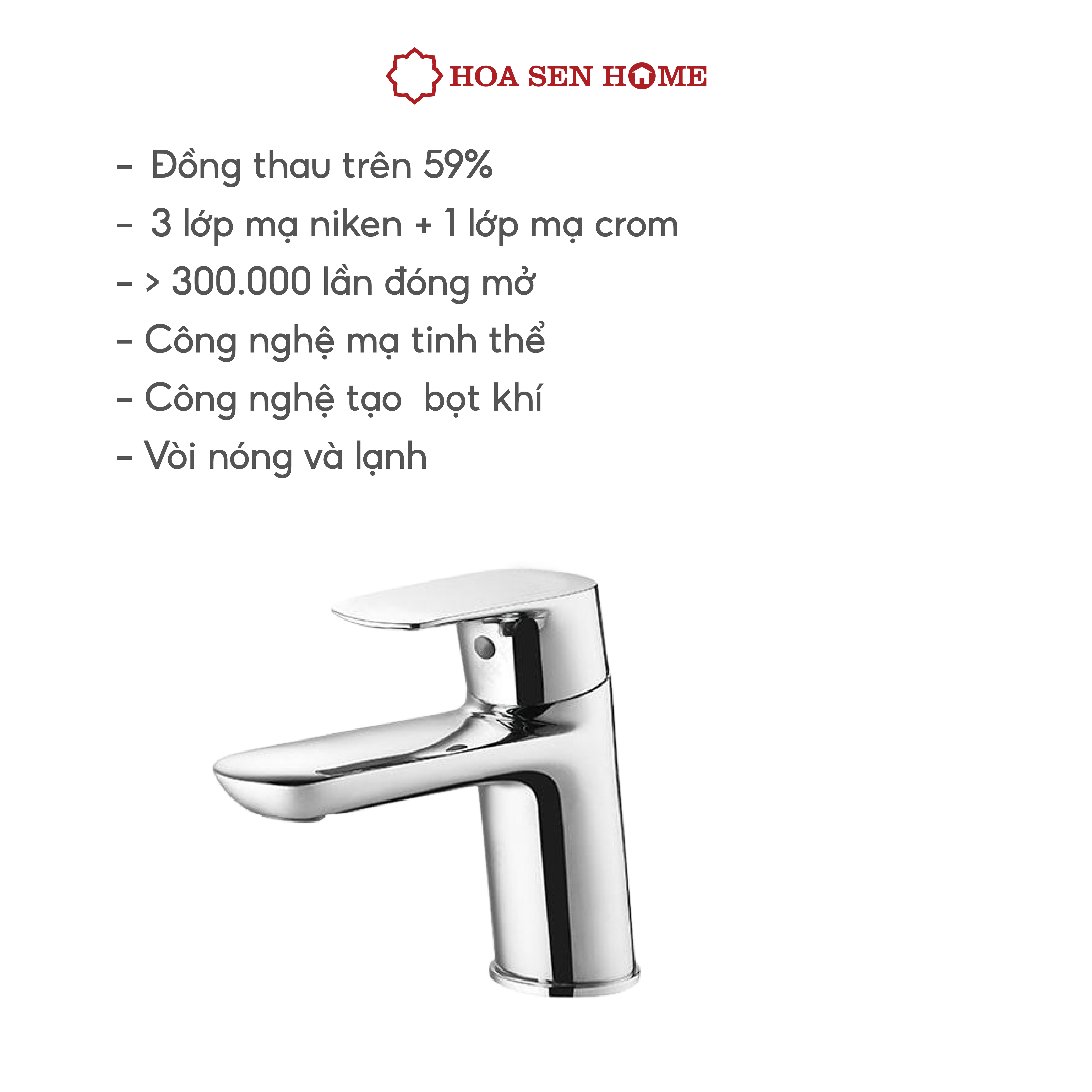 Vòi lavabo nóng lạnh TUSLO F001 Luxury chất liệu đồng nguyên chất, mạ Crom-Niken, công nghệ tạo bọt khí hiện đại - Hoa Sen Home - Hàng chính hãng