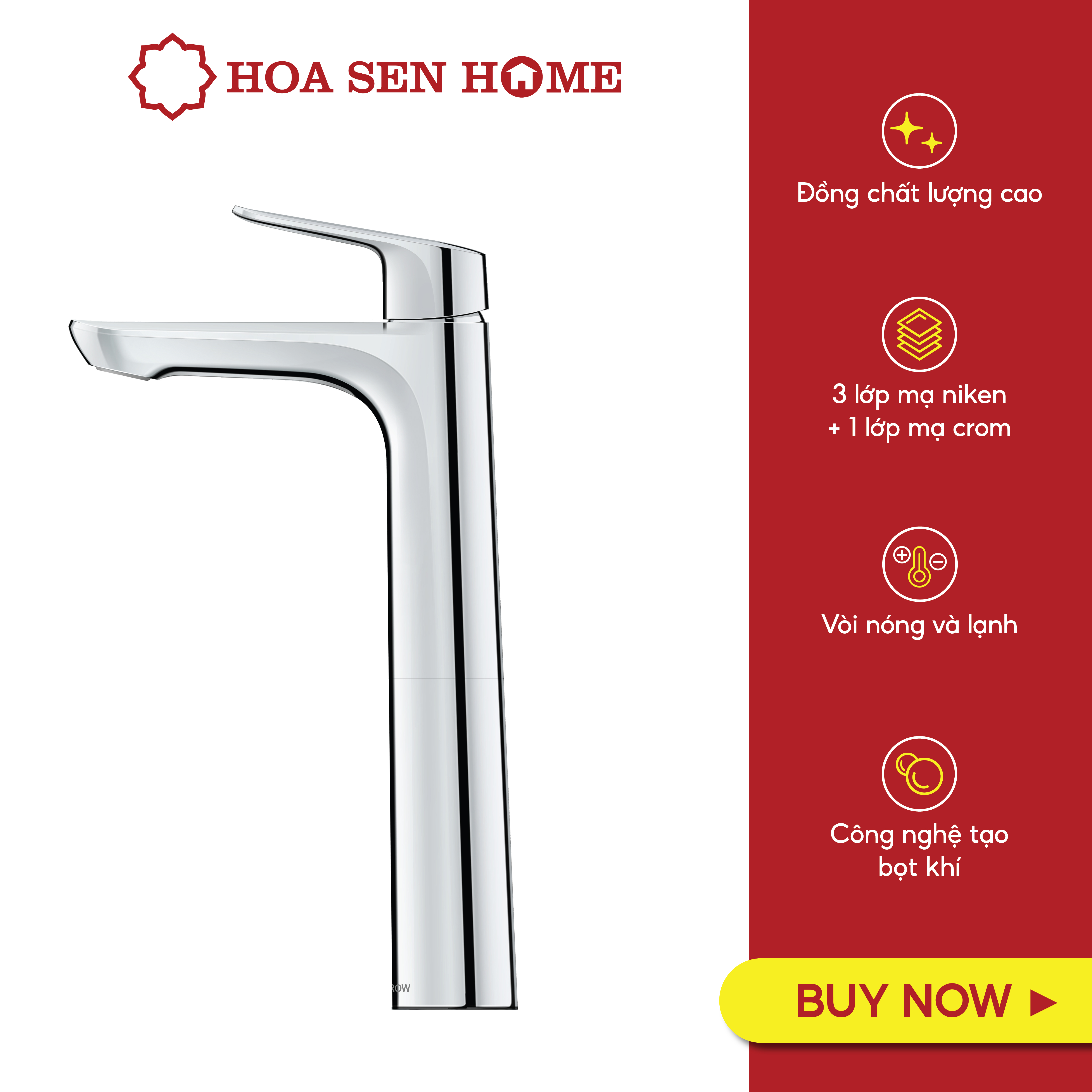Vòi lavabo nóng lạnh TUSLO F008 Luxury chất liệu đồng nguyên chất, mạ Crom-Niken, công nghệ tạo bọt khí hiện đại - Hoa Sen Home - Hàng chính hãng