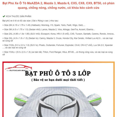 Bạt Phủ Xe Ô Tô MaAZDA 2, Mazda 3, Mazda 6, CX5, CX8, CX9, BT50, có phản quang, chống nóng, chống nước, có khóa 