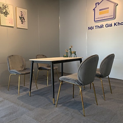 Bộ bàn ăn mặt đá phiến kết hợp ghế Gubi chân mạ vàng