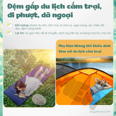 Đệm Gấp Văn Phòng - Tặng Kèm Gối Hơi - Chất Liệu Bông Ngọc Trai Dài 190x70 Cm, Dày 1 Cm - Đệmệm Gấp Ngủ Trưa Văn Phòng Siêu Nhỏ Gọn - Foldable Sleeping Office Mattress