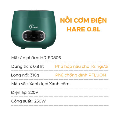 Nồi cơm điện Hare HR-ER806 (0.8L) chống dính PFLUON -hàng chính hãng thương hiệu Hare - Bảo hành 12 tháng