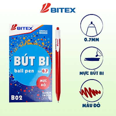 Bút bi Bitex (0.7mm) B02 - Xanh, đỏ, đen (20 cây/hộp)