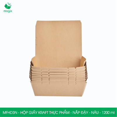 MFHD3N - Combo 50 hộp giấy kraft thực phẩm 1200ml, hộp đựng thức ăn nắp đậy màu nâu, hộp gói đồ ăn mang đi