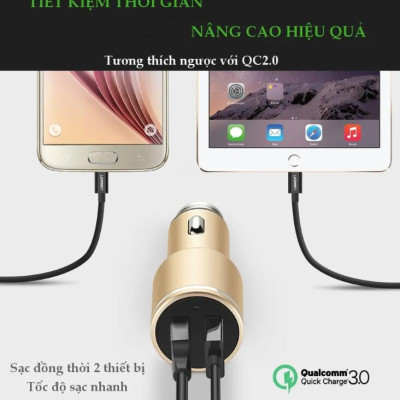 Ugreen UG30514CD130TK 48W màu Vàng Bộ sạc ô tô 2 cổng USB 2.4A + QC 3.0 - HÀNG CHÍNH HÃNG