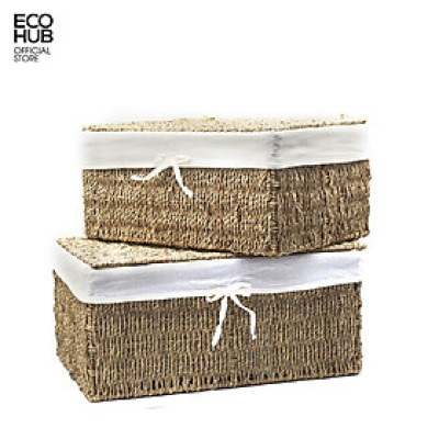 Giỏ cói chữ nhật ECOHUB đựng đồ, Khung sắt, có tay cầm / Lót vải / Có nắp đậy (3 size) 