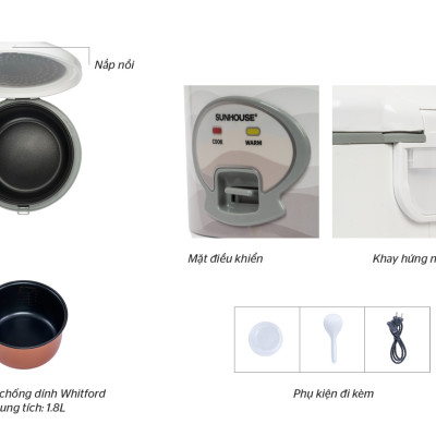 Nồi cơm nắp gài Sunhouse 1.8 lít SHD8602 - Hàng chính hãng