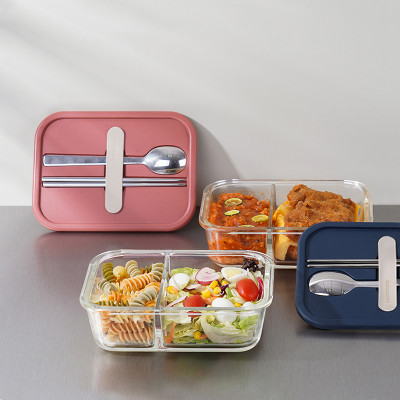 Hộp cơm thủy tinh Lock&Lock chia ngăn kèm muỗng đũa 930ml màu xanh navy LLG991CLNVY - Hàng chính hãng, dùng được lò vi sóng - JoyMall