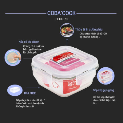 Bộ 4 hộp thủy tinh  2 hộp chữ nhật 370ml + 2 hộp tròn 400ml đựng thực phẩm COBA