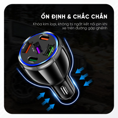 Tẩu Sạc Xe Ô Tô Chia 5 Cổng USB Type C Chuẩn PD, Cổng Quick Charge 3.0 | Kích Thước Nhỏ Gọn, Sạc Nhanh, Dòng Điện Ổn Định