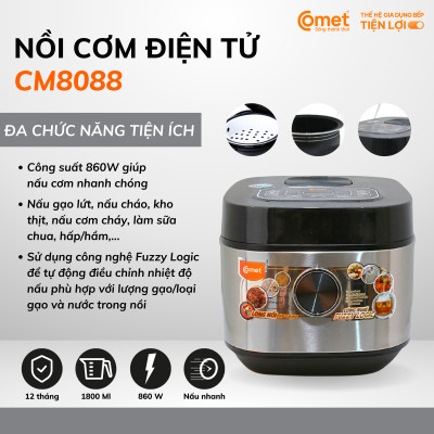Nồi cơm điện tử Comet CM8088 1.8L – Công nghệ Fuzzy Logic, lòng niêu chống dính, làm nóng 3D – Nấu đa năng, tiết kiệm điện – Hàng chính hãng, bảo hành 1 năm
