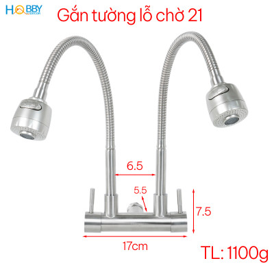Vòi rửa chén gắn tường 2 đầu xả tăng áp inox 304 Hobby home decor G2T