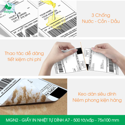 MGN2 - 75x100 mm - Combo 5 xấp 500 tờ giấy in nhiệt A7 tự dính - Giấy in đơn hàng, giấy in A7