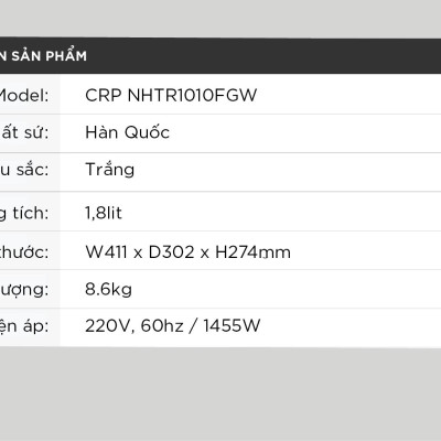 Nồi cơm điện áp suất kép cao tần Cuckoo 1.8L CRP-NHTR1010FGW- công nghệ áp suất xi lanh hiện đại, giúp giảm tiếng ồn- Lòng nồi phủ men Xwall độc quyền- Bảo hành 2 năm - Hàng chính hãng Cuckoovina