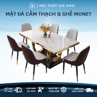 Bộ bàn ăn mặt đá Cẩm thạch nhân tạo khung inox mạ vàng kết hợp ghế Monet phong cách Bắc Âu
