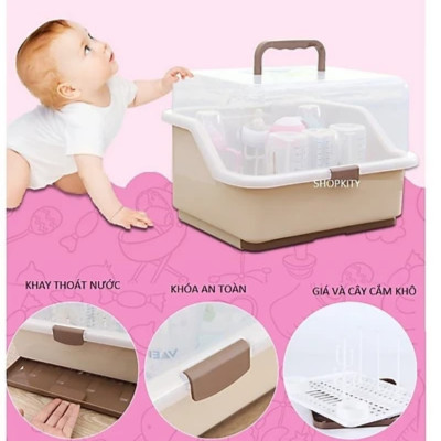 Hộp Giá Úp Bình Sữa, Úp Cốc Có Khay Thoát Nước Có Nắp Đậy - Làm Từ Nhựa PP An Toàn- Chính Hãng MINIIN-Tặng Kèm Dụng Cụ Tưa Lưỡi Vệ Sinh Miệng Cho Bé