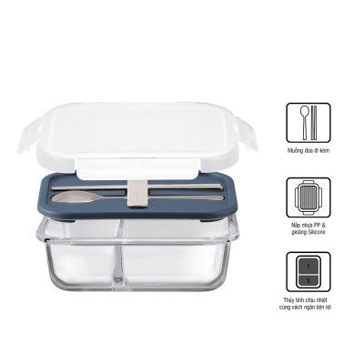 Hộp cơm thủy tinh Lock&Lock chia ngăn kèm muỗng đũa 930ml màu xanh navy LLG991CLNVY - Hàng chính hãng, dùng được lò vi sóng - JoyMall