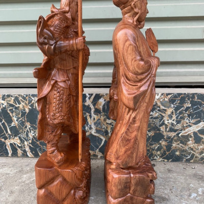 Đôi văn võ song toàn, tượng khổng minh gia cát lượng và tượng quan công gỗ hương kt cao 60