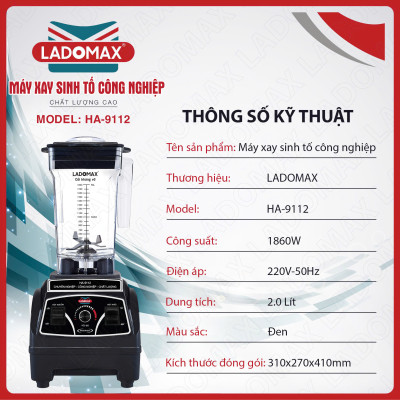 Máy xay sinh tố công nghiệp 1860W Ladomax HA-9112 xay đá, rau má, sinh tố chuyên quán - Hàng chính hãng