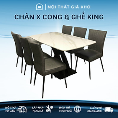 Bộ bàn ăn mặt đá Ceramic bóng chân chéo chữ x cong kết hợp ghế king