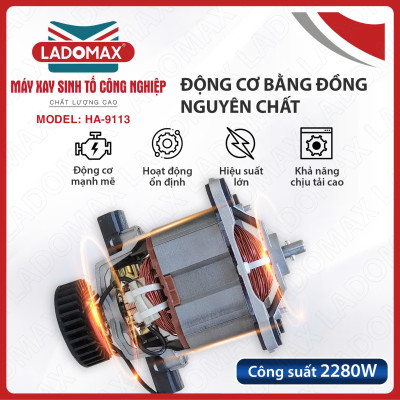 Máy xay sinh tố công nghiệp Ladomax HA9113 phá đá tuyết nhanh, công suất 2280W, có hẹn giờ, moto đồng-Hàng chính hãng