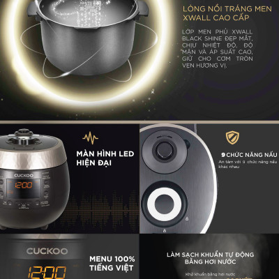 Nồi cơm điện tử áp suất Cuckoo 1.8 lít CRP-R1000F màu đen - lòng nồi chống dính cao cấp phủ Xwall Diamond -Sản xuất tại Hàn Quốc - bản Quốc Tế tiếng Anh - Hàng chính hãng Cuckoo Việt Nam